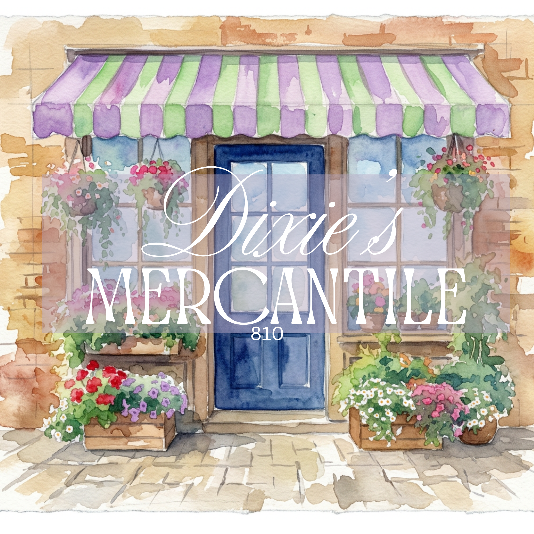 Watercolor-style storefront artwork for Dixie's Mercantile, showing a striped purple and green awning, blue door, hanging flower baskets, and flower boxes on a stone walkway. Large white script text reads 'Dixie's Mercantile' across the center.